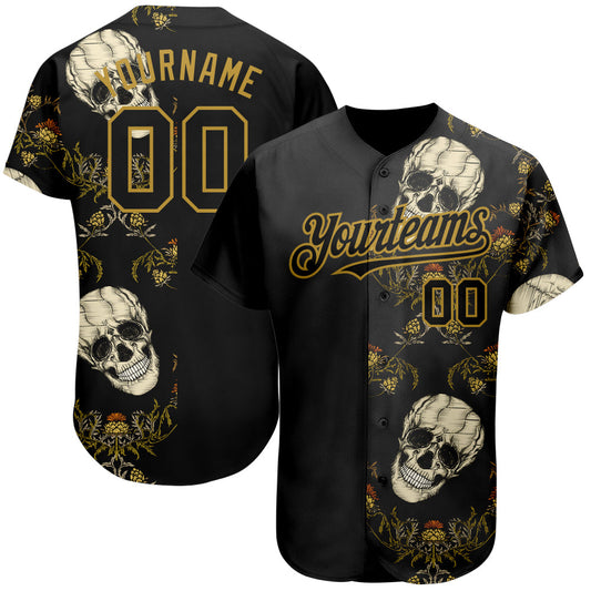 Custom Black Old Gold 3D Plant And Skull Fashion Authentic Baseball Jersey - Sky-Custom