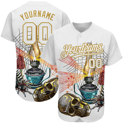 Custom White Old Gold 3D Spider And Skull Fashion Authentic Baseball Jersey - Sky-Custom