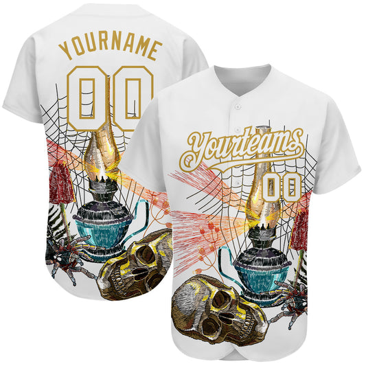 Custom White Old Gold 3D Spider And Skull Fashion Authentic Baseball Jersey - Sky-Custom