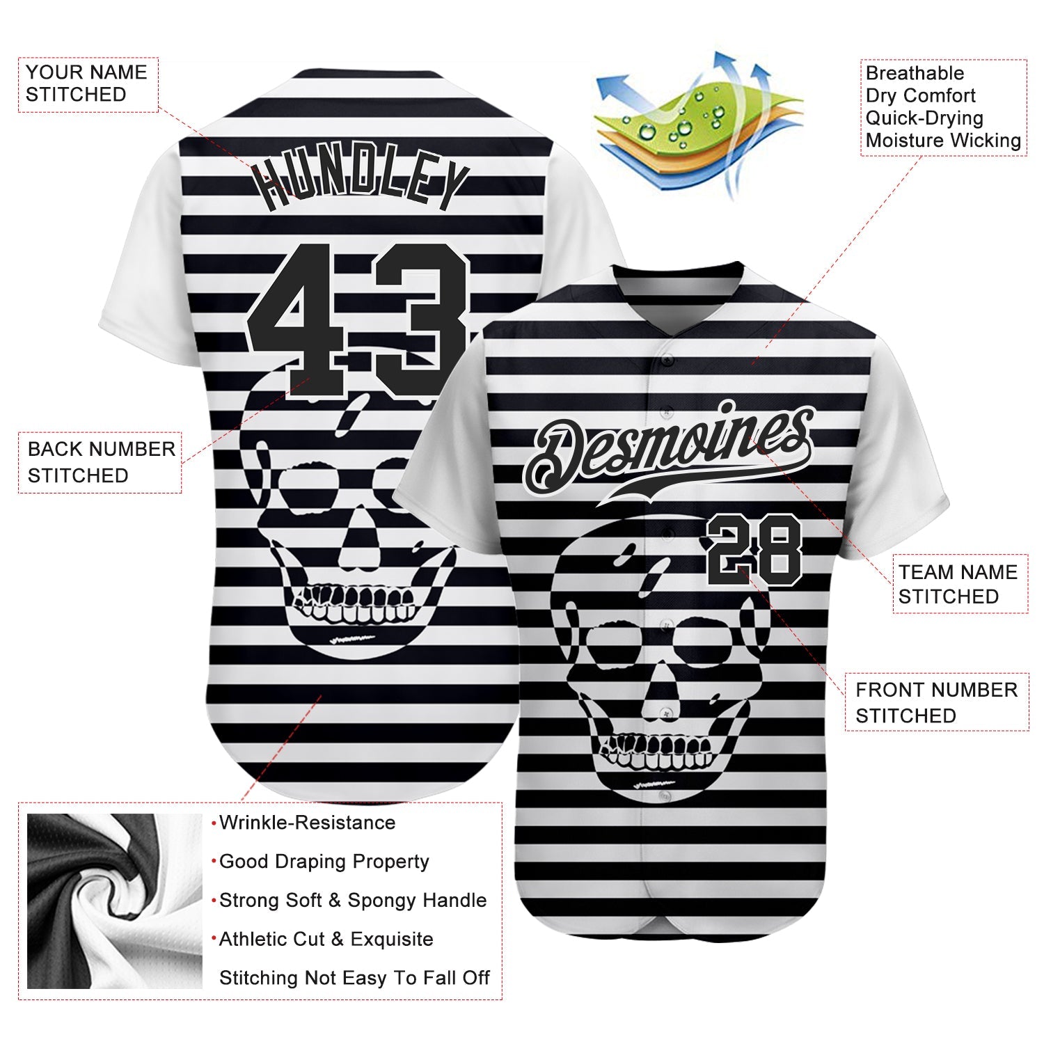 Custom White Black 3D Skull Fashion Authentic Baseball Jersey - Sky-Custom