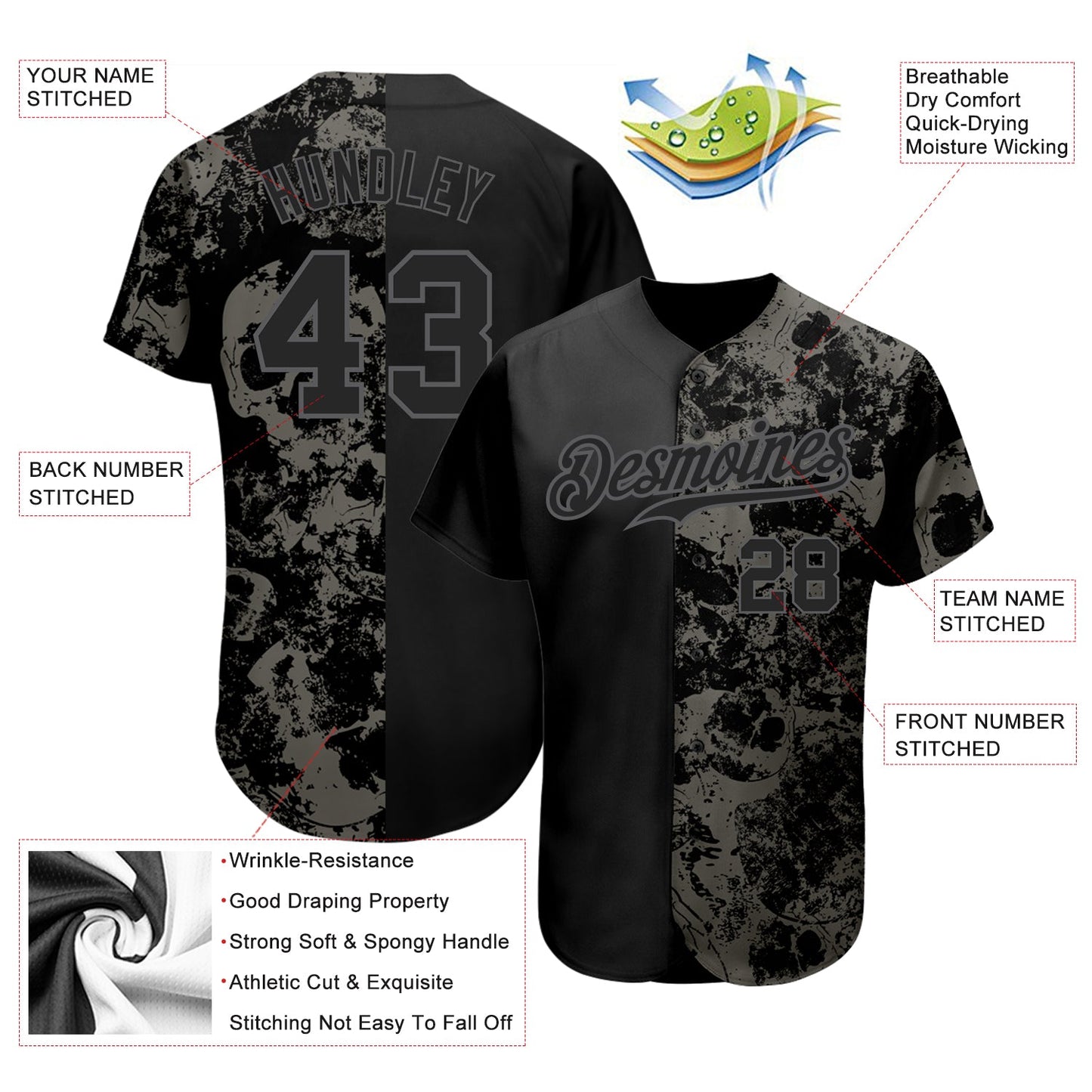 Custom Black Steel Gray 3D Skull Fashion Authentic Baseball Jersey - Sky-Custom