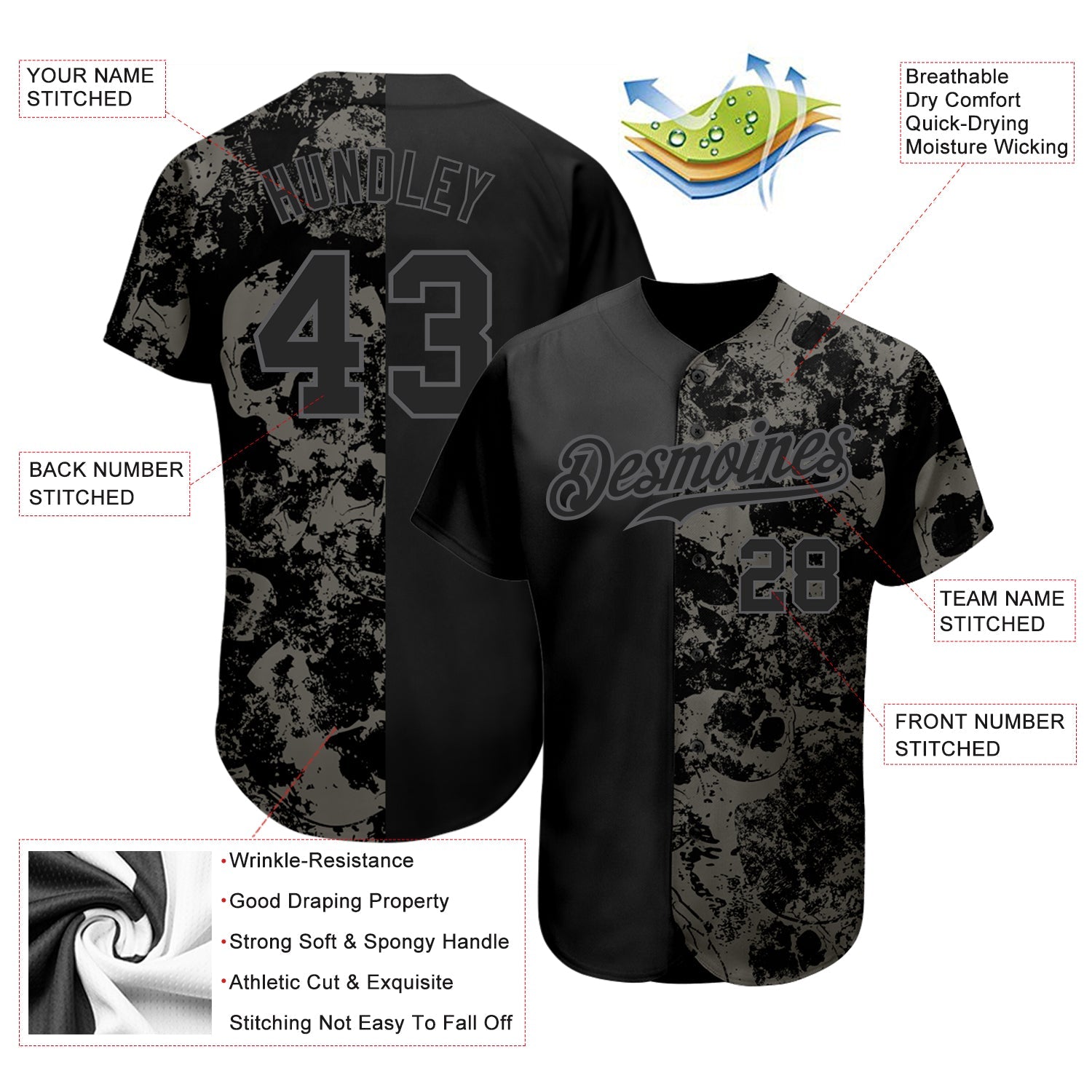 Custom Black Steel Gray 3D Skull Fashion Authentic Baseball Jersey - Sky-Custom