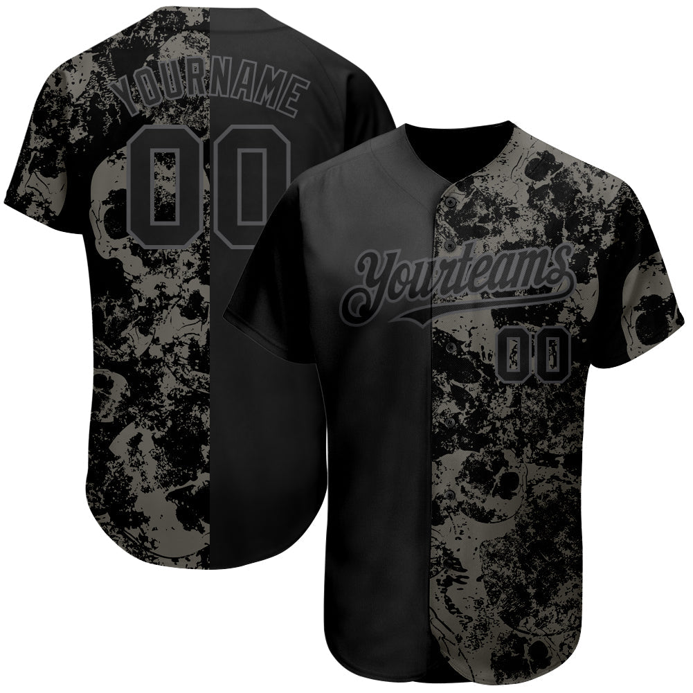 Custom Black Steel Gray 3D Skull Fashion Authentic Baseball Jersey - Sky-Custom