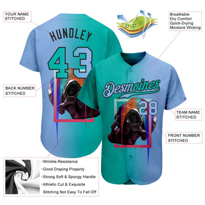 Custom Light Blue Aqua-Black 3D Skull Gradient Fashion Authentic Baseball Jersey - Sky-Custom