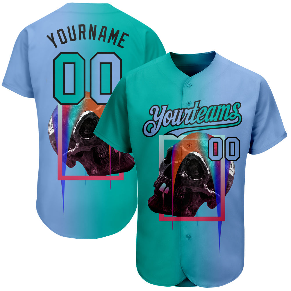 Custom Light Blue Aqua-Black 3D Skull Gradient Fashion Authentic Baseball Jersey - Sky-Custom