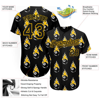 Custom Black Gold 3D Pattern Design Flaming Billiards Snooker 8 Ball Authentic Baseball Jersey - Sky-Custom