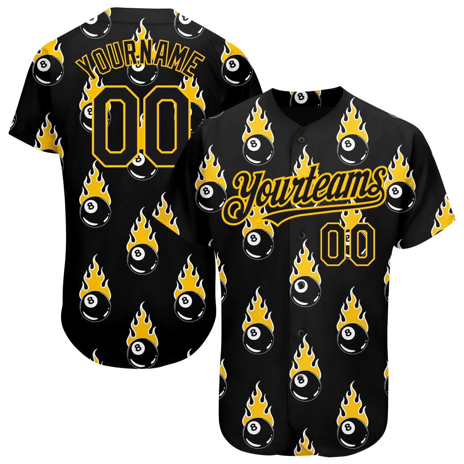 Custom Black Gold 3D Pattern Design Flaming Billiards Snooker 8 Ball Authentic Baseball Jersey - Sky-Custom