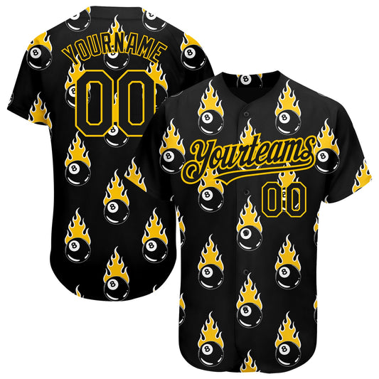 Custom Black Gold 3D Pattern Design Flaming Billiards Snooker 8 Ball Authentic Baseball Jersey - Sky-Custom