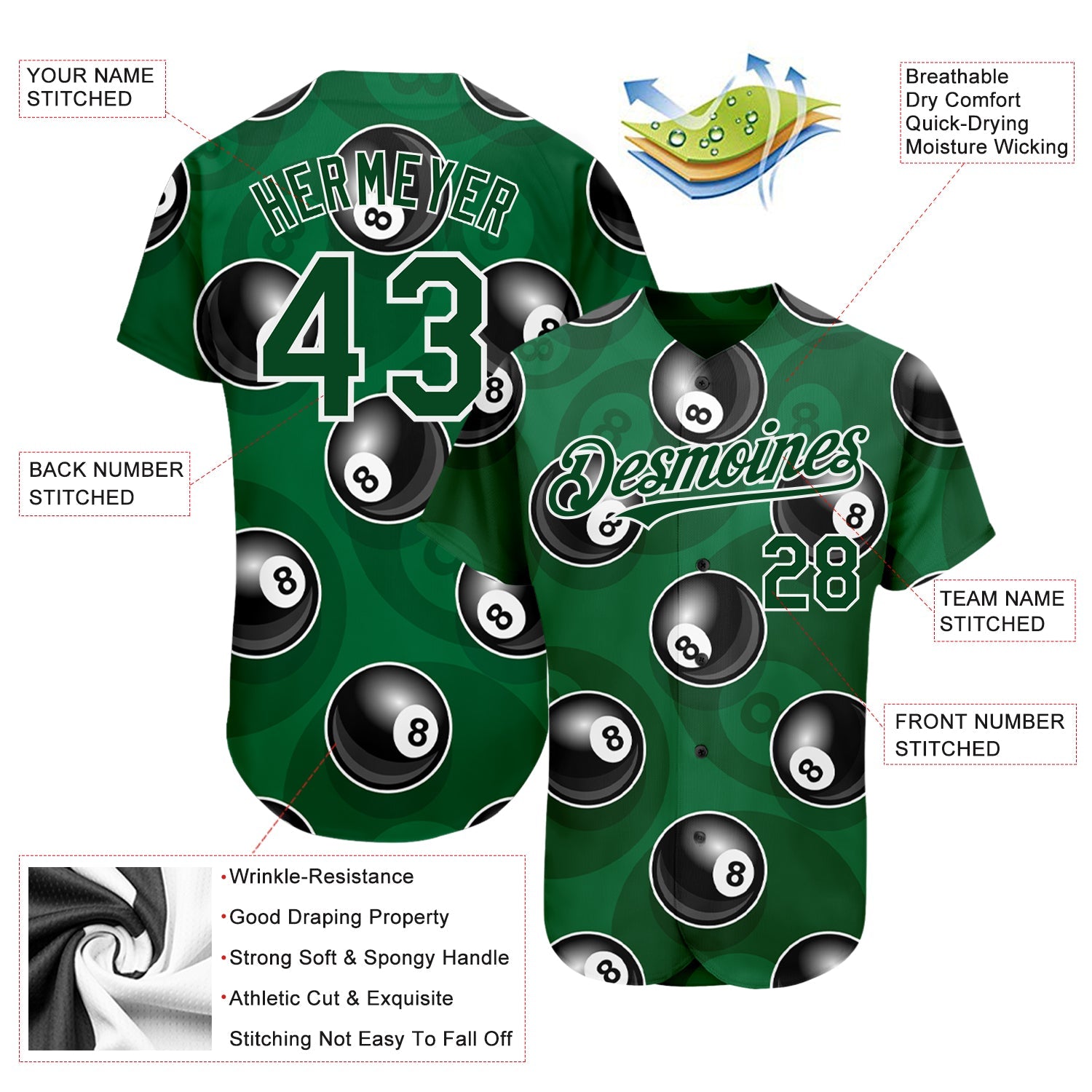 Custom Green White 3D Pattern Design Billiards Snooker 8 Ball Authentic Baseball Jersey - Sky-Custom