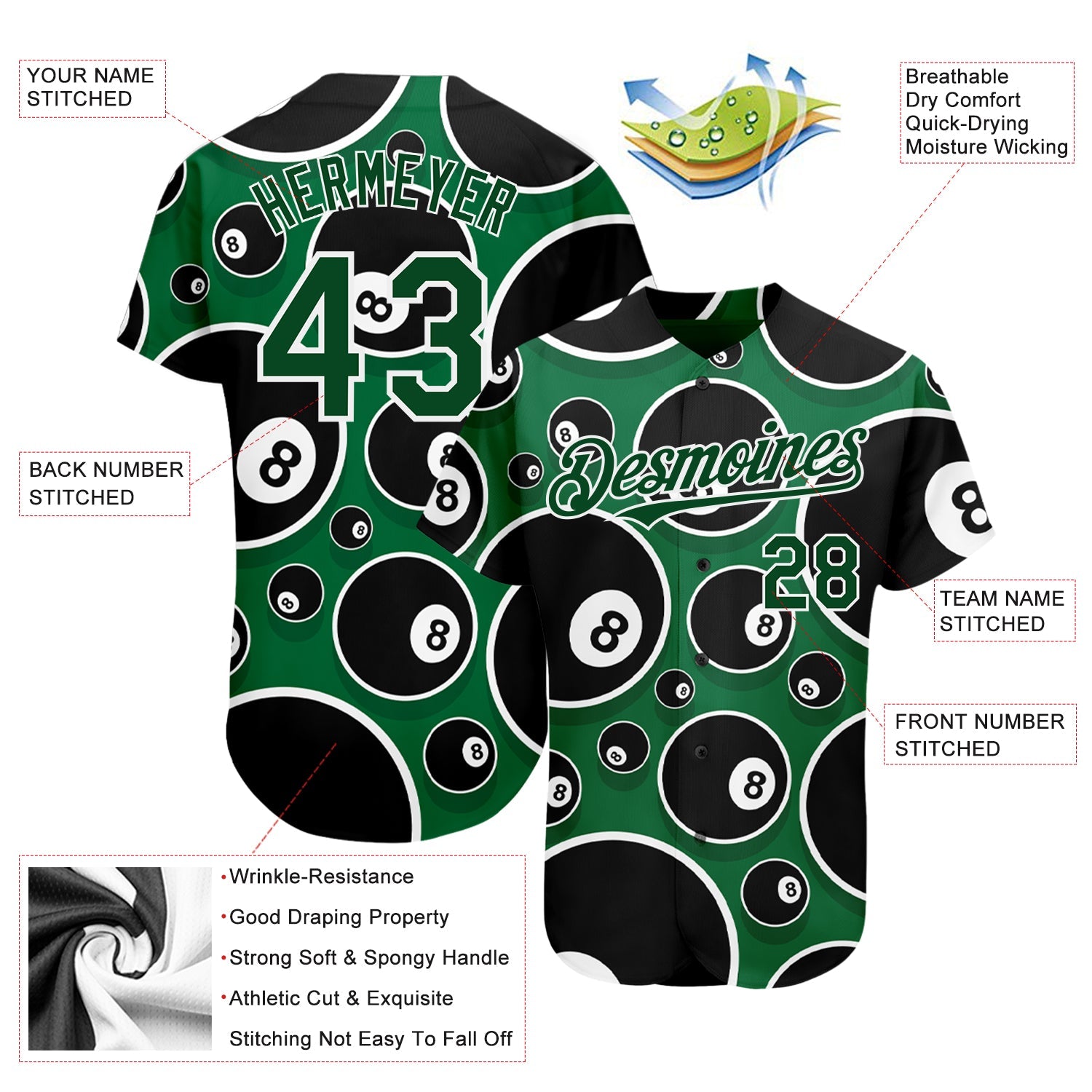 Custom Green White 3D Pattern Design Billiards Snooker 8 Ball Authentic Baseball Jersey - Sky-Custom