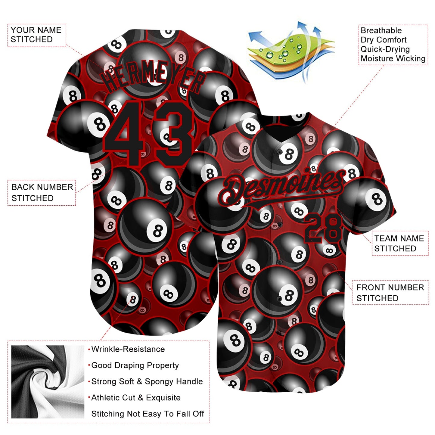 Custom Red Black 3D Pattern Design Billiards Snooker 8 Ball Authentic Baseball Jersey - Sky-Custom