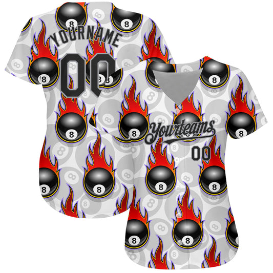 Custom White Black-Gray 3D Pattern Design Flaming Billiards Snooker 8 Ball Authentic Baseball Jersey - Sky-Custom