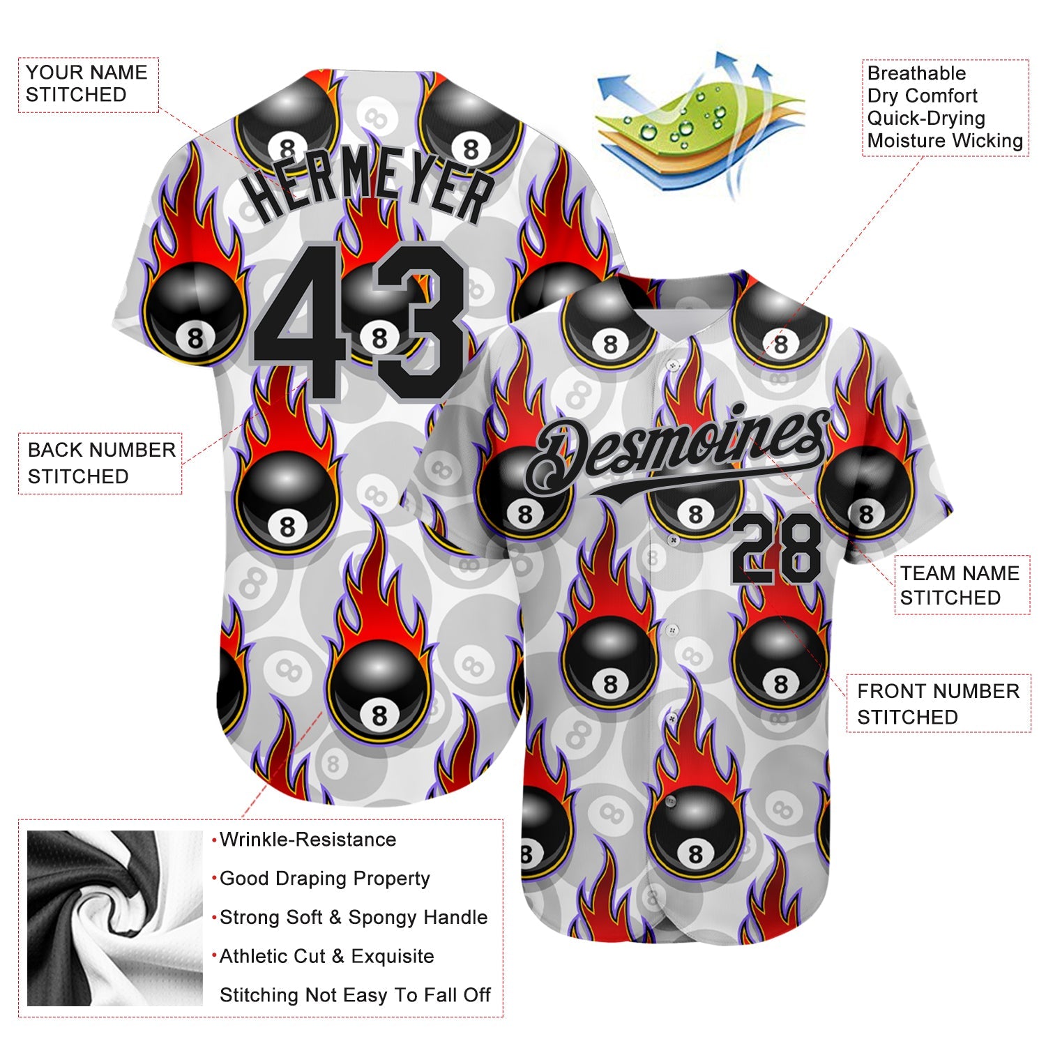 Custom White Black-Gray 3D Pattern Design Flaming Billiards Snooker 8 Ball Authentic Baseball Jersey - Sky-Custom