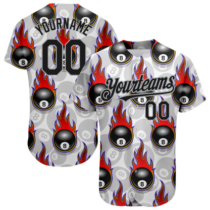 Custom White Black-Gray 3D Pattern Design Flaming Billiards Snooker 8 Ball Authentic Baseball Jersey - Sky-Custom