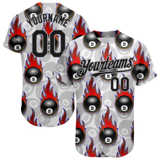 Custom White Black-Gray 3D Pattern Design Flaming Billiards Snooker 8 Ball Authentic Baseball Jersey - Sky-Custom