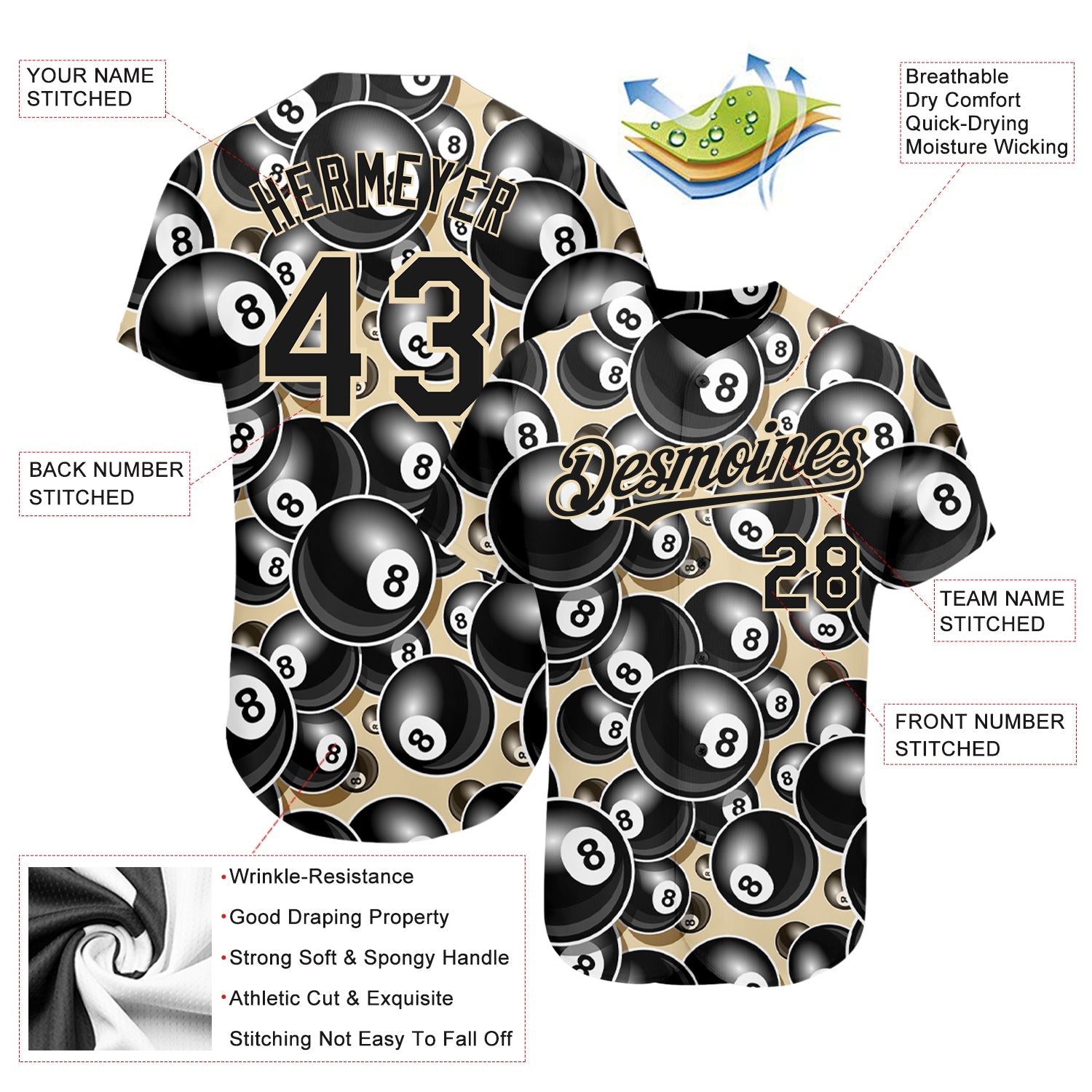 Custom City Cream Black 3D Pattern Design Billiards Snooker 8 Ball Authentic Baseball Jersey - Sky-Custom