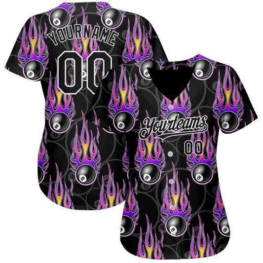 Custom Black White 3D Pattern Design Flaming Billiards Snooker 8 Ball Authentic Baseball Jersey - Sky-Custom