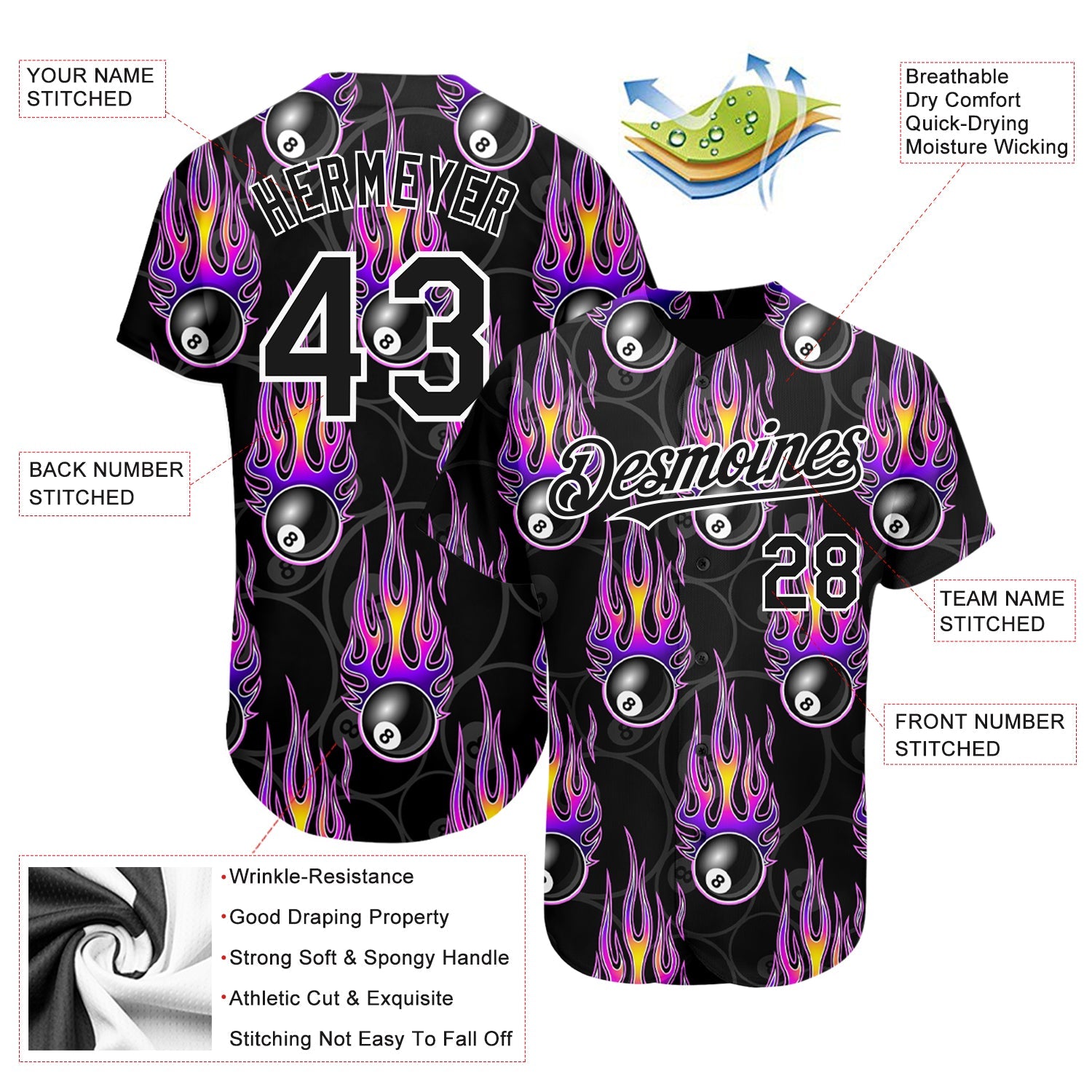Custom Black White 3D Pattern Design Flaming Billiards Snooker 8 Ball Authentic Baseball Jersey - Sky-Custom