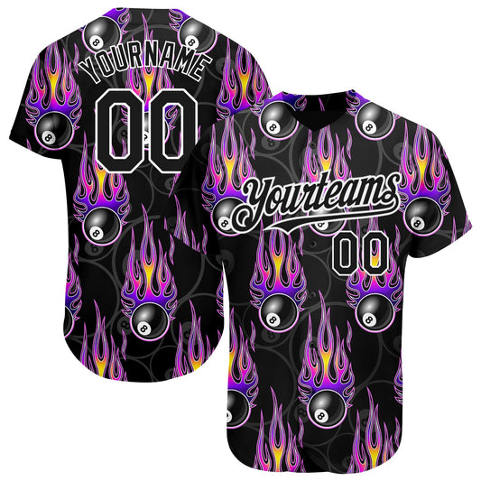 Custom Black White 3D Pattern Design Flaming Billiards Snooker 8 Ball Authentic Baseball Jersey - Sky-Custom