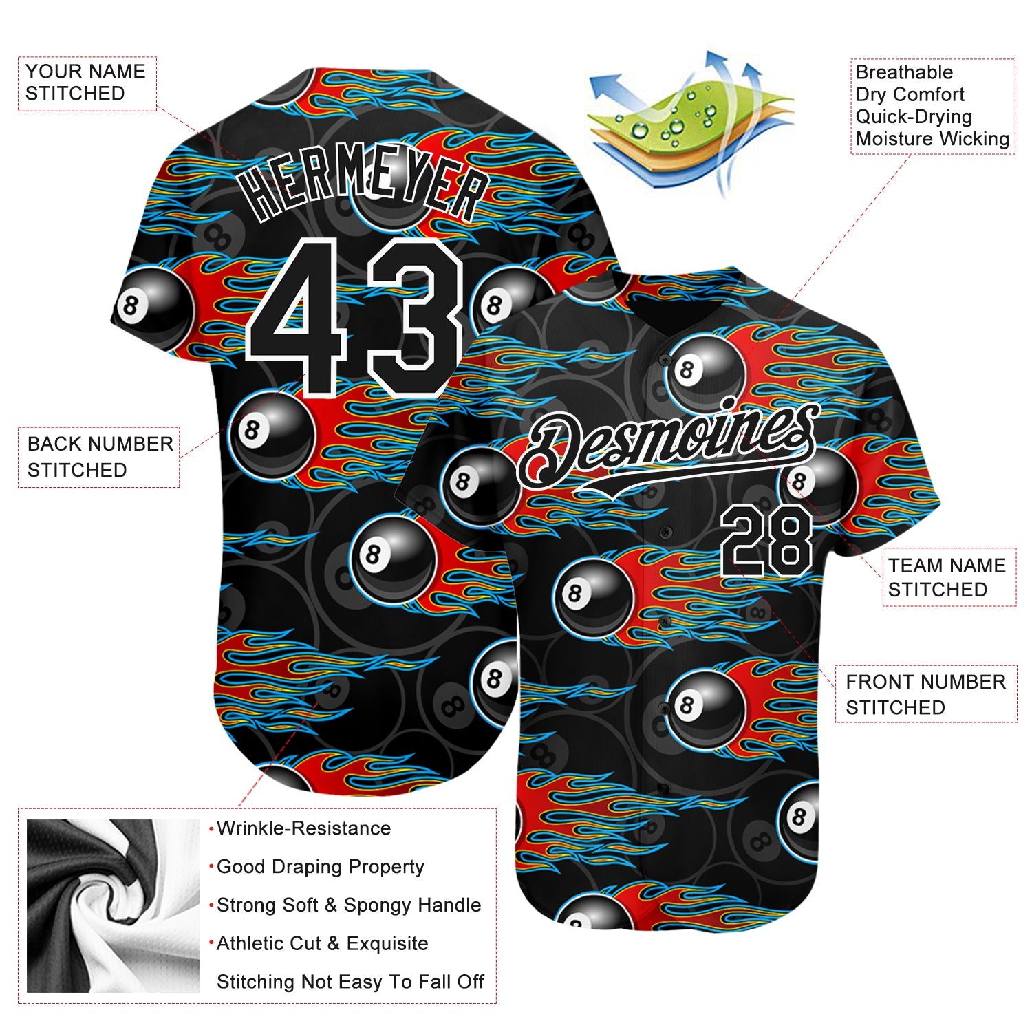 Custom Black White 3D Pattern Design Flaming Billiards Snooker 8 Ball Authentic Baseball Jersey - Sky-Custom