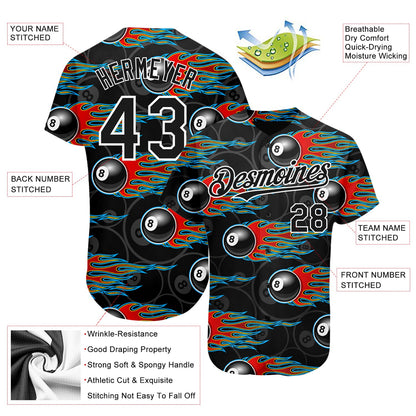 Custom Black White 3D Pattern Design Flaming Billiards Snooker 8 Ball Authentic Baseball Jersey - Sky-Custom