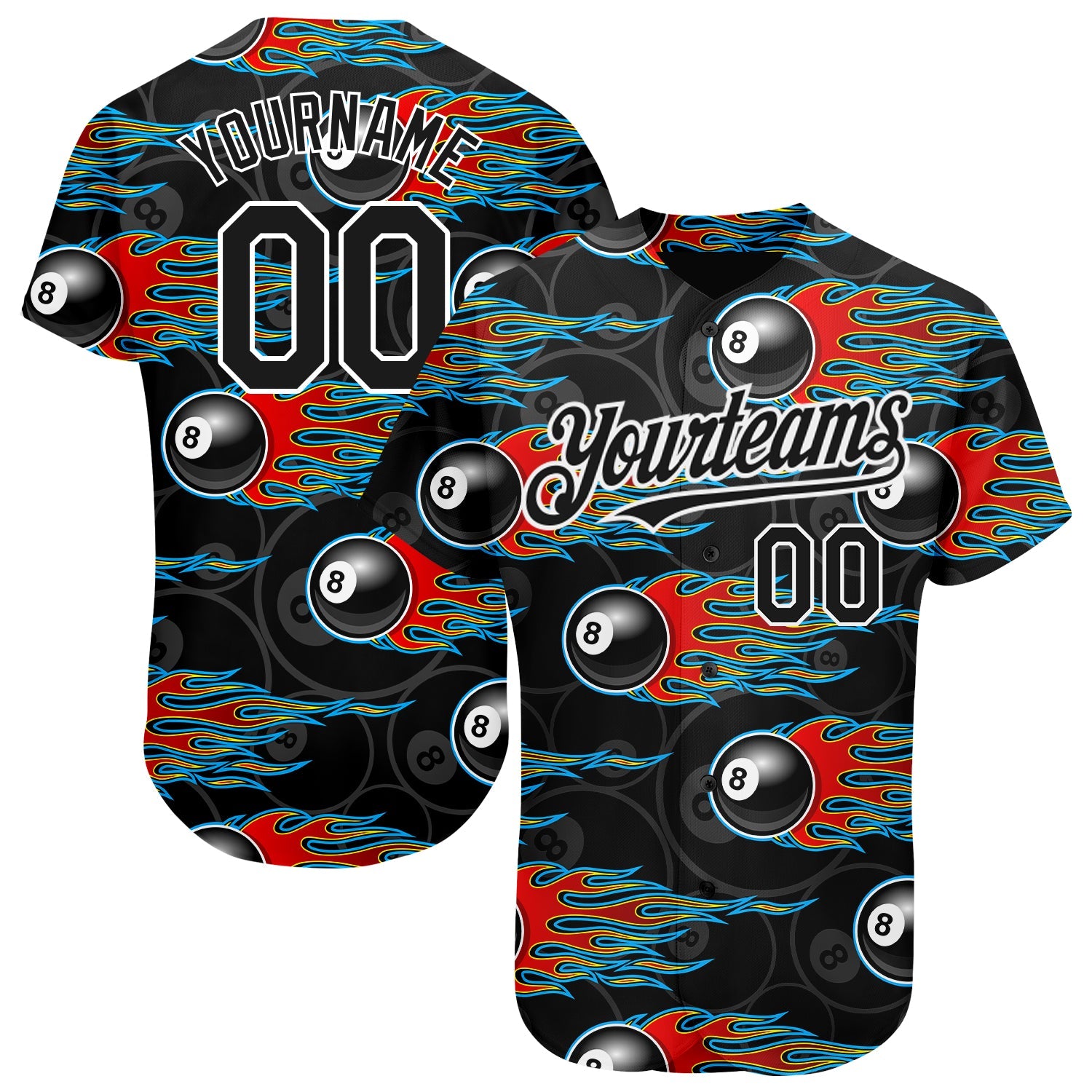 Custom Black White 3D Pattern Design Flaming Billiards Snooker 8 Ball Authentic Baseball Jersey - Sky-Custom