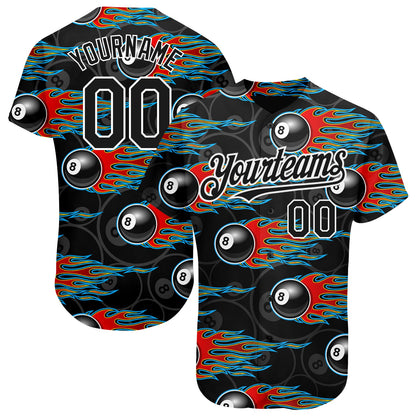 Custom Black White 3D Pattern Design Flaming Billiards Snooker 8 Ball Authentic Baseball Jersey - Sky-Custom