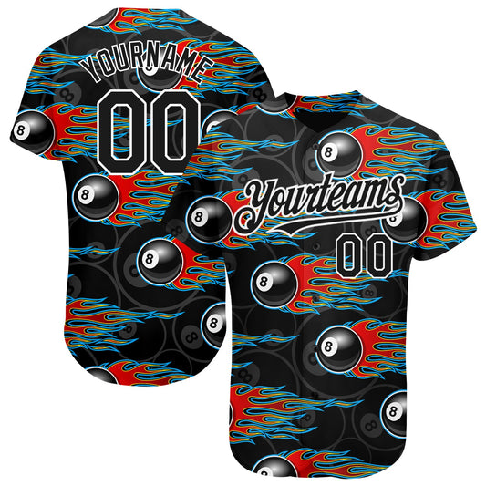 Custom Black White 3D Pattern Design Flaming Billiards Snooker 8 Ball Authentic Baseball Jersey - Sky-Custom