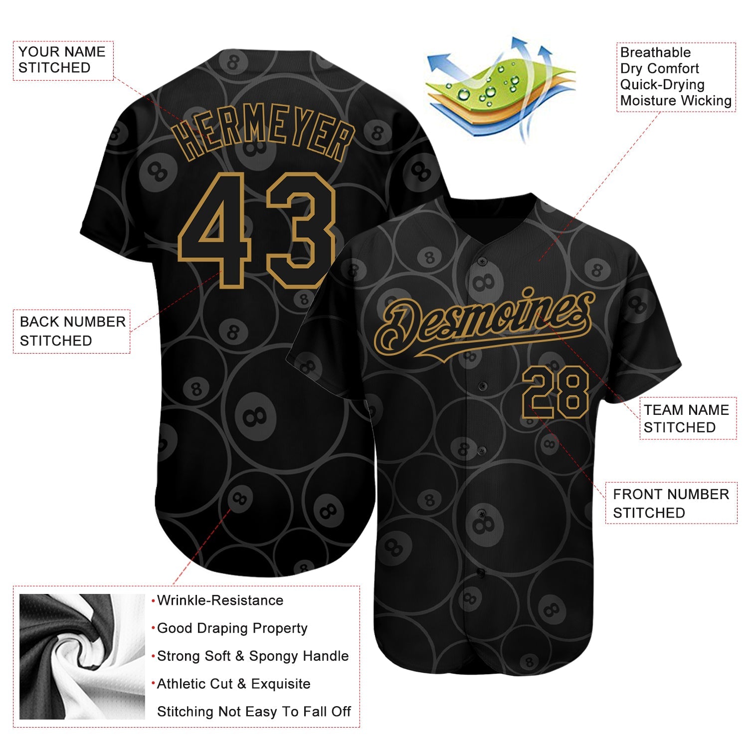 Custom Black Old Gold 3D Pattern Design Billiards Snooker 8 Ball Authentic Baseball Jersey - Sky-Custom