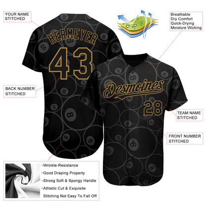 Custom Black Old Gold 3D Pattern Design Billiards Snooker 8 Ball Authentic Baseball Jersey - Sky-Custom