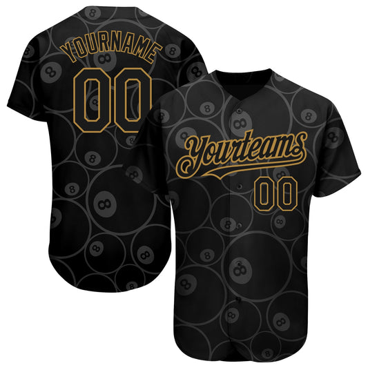 Custom Black Old Gold 3D Pattern Design Billiards Snooker 8 Ball Authentic Baseball Jersey - Sky-Custom