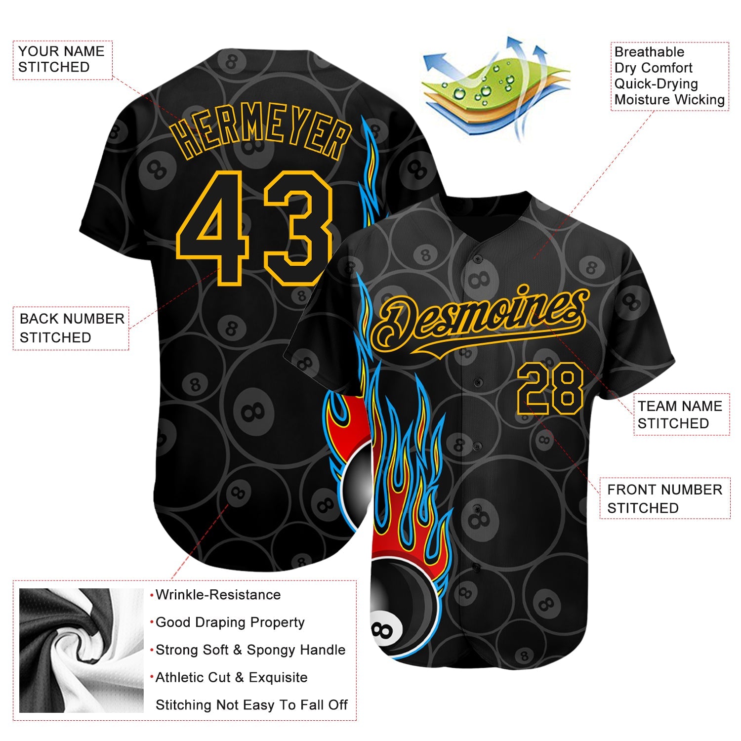 Custom Black Gold 3D Pattern Design Flaming Billiards Snooker 8 Ball Authentic Baseball Jersey - Sky-Custom