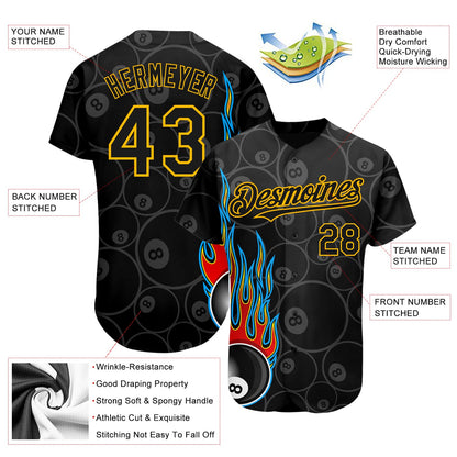 Custom Black Gold 3D Pattern Design Flaming Billiards Snooker 8 Ball Authentic Baseball Jersey - Sky-Custom