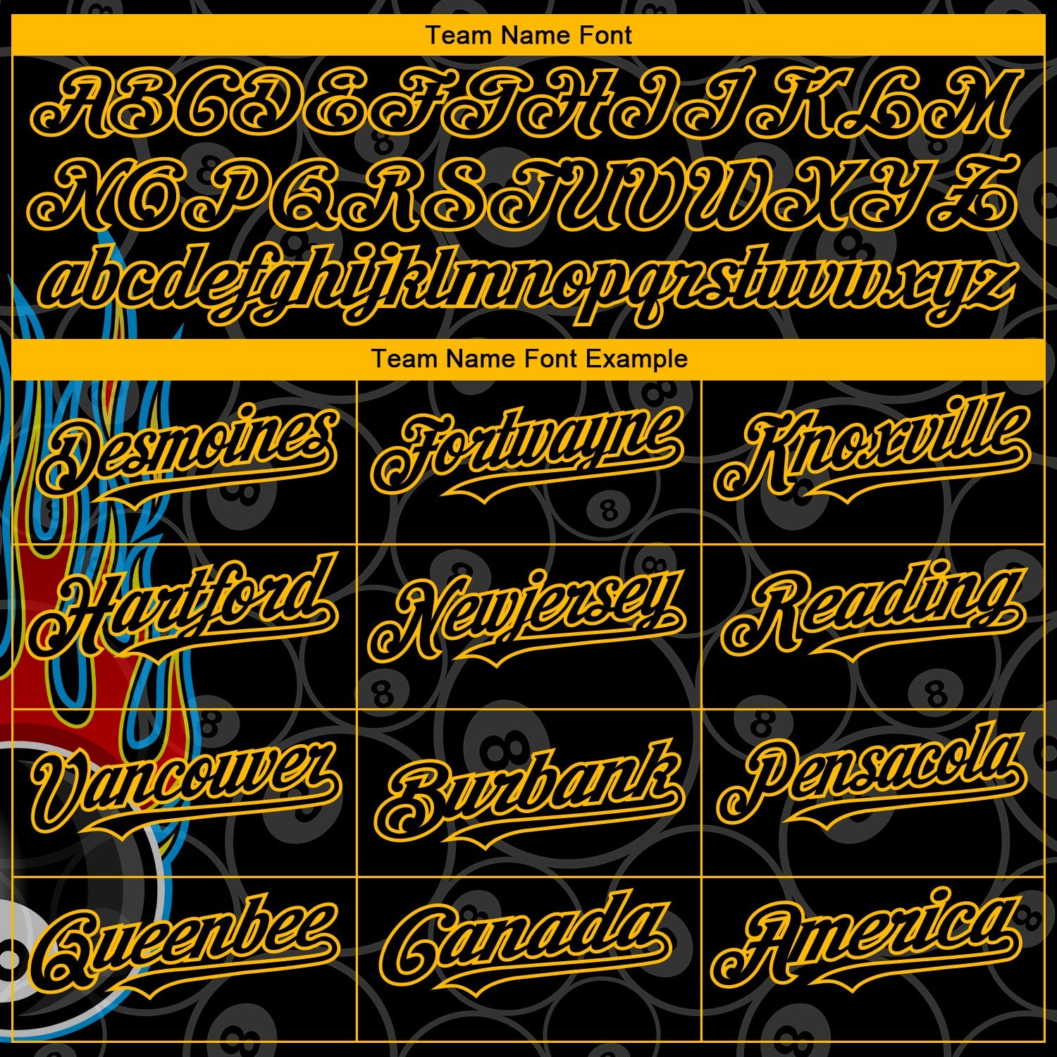 Custom Black Gold 3D Pattern Design Flaming Billiards Snooker 8 Ball Authentic Baseball Jersey - Sky-Custom