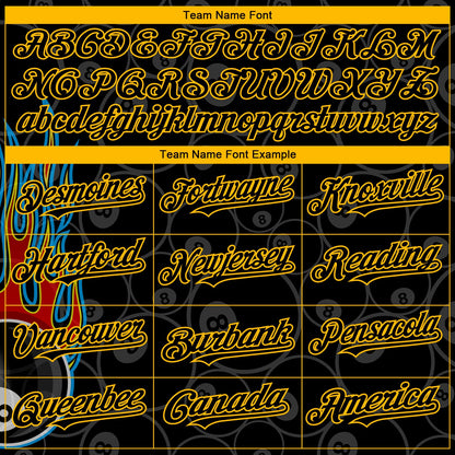 Custom Black Gold 3D Pattern Design Flaming Billiards Snooker 8 Ball Authentic Baseball Jersey - Sky-Custom