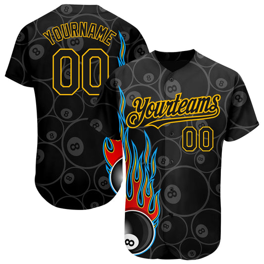 Custom Black Gold 3D Pattern Design Flaming Billiards Snooker 8 Ball Authentic Baseball Jersey - Sky-Custom