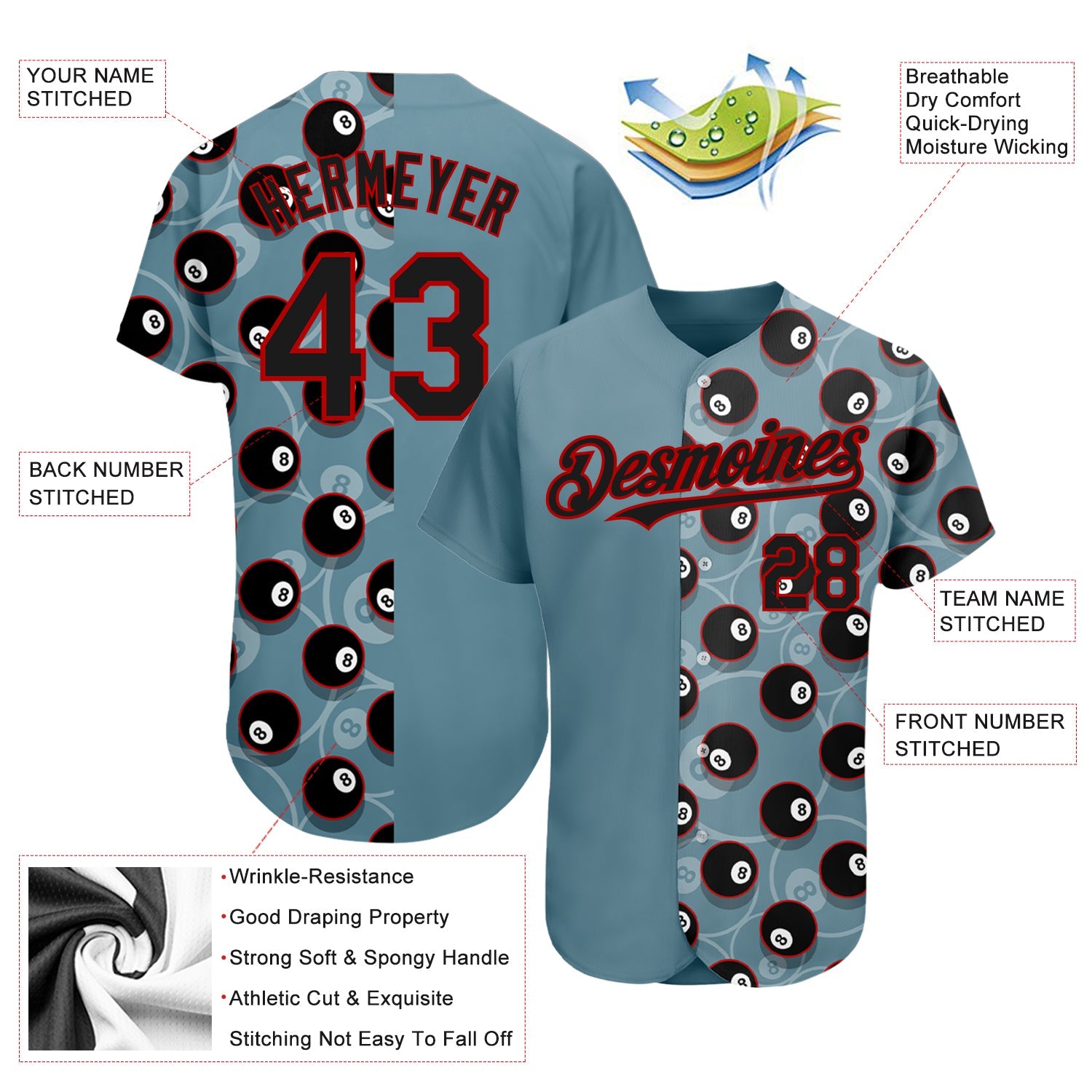 Custom Panther Blue Black-Red 3D Pattern Design Billiards Snooker 8 Ball Authentic Baseball Jersey - Sky-Custom