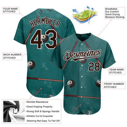 Custom Midnight Green Brown-White 3D Pattern Design Billiards Snooker 8 Ball Authentic Baseball Jersey - Sky-Custom