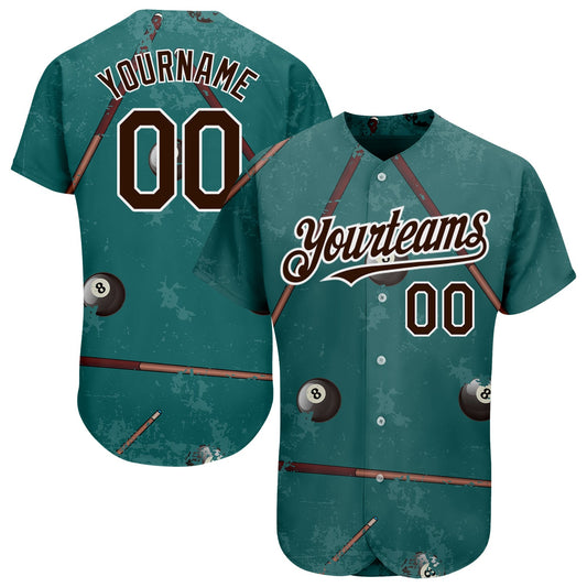 Custom Midnight Green Brown-White 3D Pattern Design Billiards Snooker 8 Ball Authentic Baseball Jersey - Sky-Custom