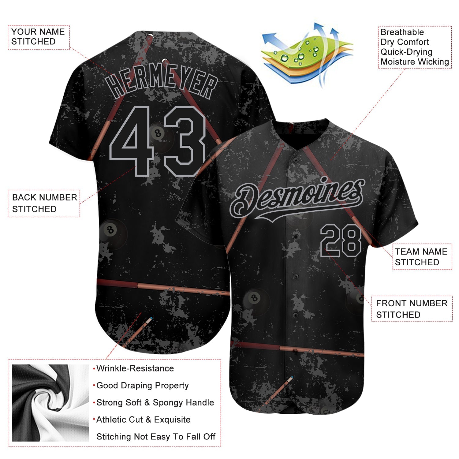 Custom Black Gray 3D Pattern Design Billiards Snooker 8 Ball Authentic Baseball Jersey - Sky-Custom