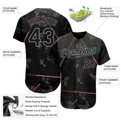 Custom Black Gray 3D Pattern Design Billiards Snooker 8 Ball Authentic Baseball Jersey - Sky-Custom