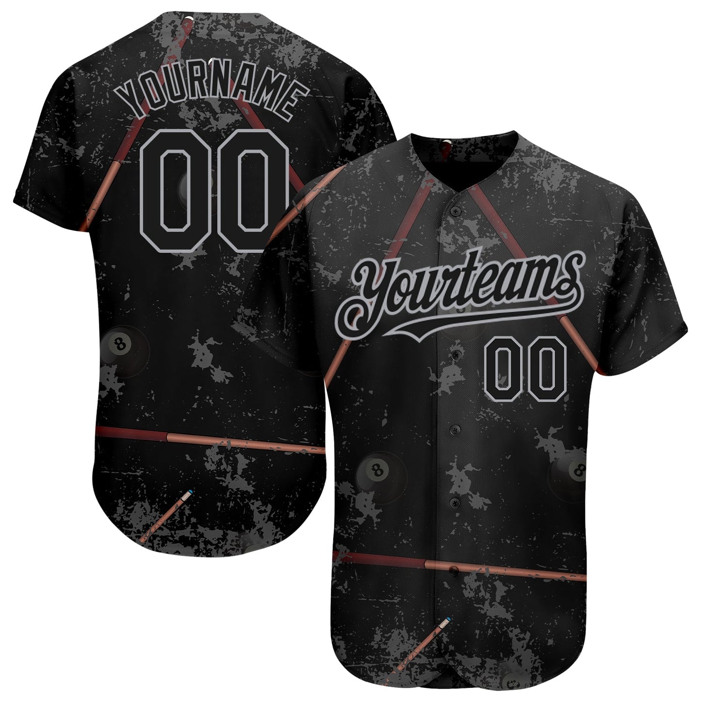 Custom Black Gray 3D Pattern Design Billiards Snooker 8 Ball Authentic Baseball Jersey - Sky-Custom