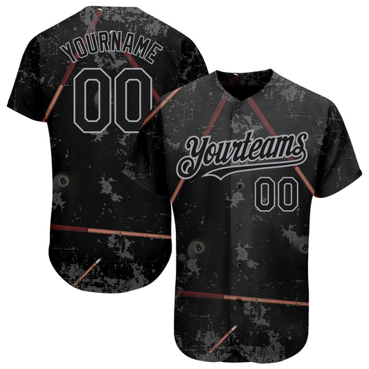 Custom Black Gray 3D Pattern Design Billiards Snooker 8 Ball Authentic Baseball Jersey - Sky-Custom