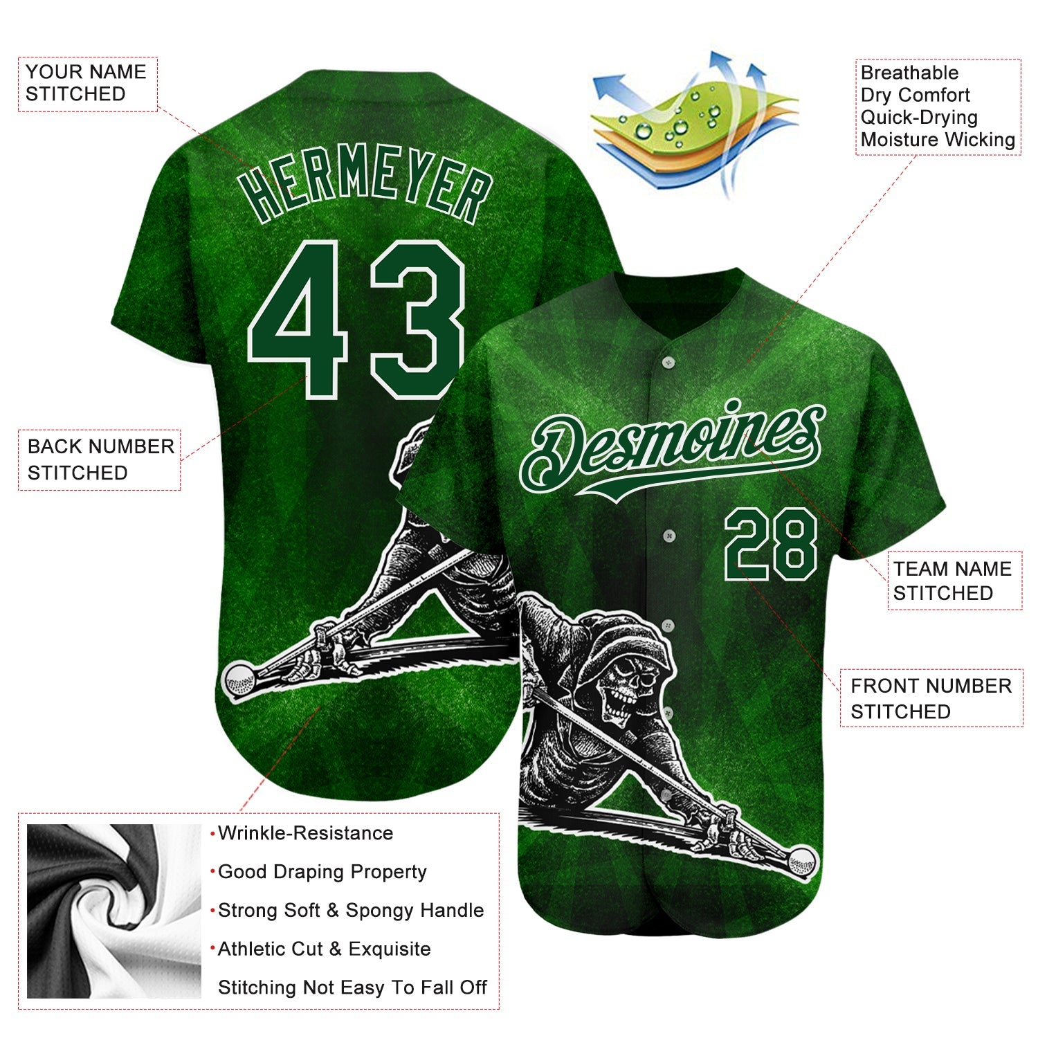 Custom Green White 3D Pattern Design A Skeleton Playing Billiards While Drinking A Beer Authentic Baseball Jersey - Sky-Custom