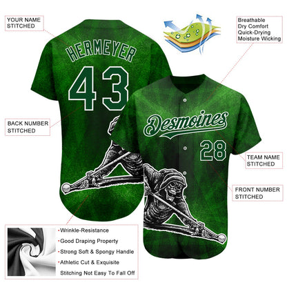 Custom Green White 3D Pattern Design A Skeleton Playing Billiards While Drinking A Beer Authentic Baseball Jersey - Sky-Custom