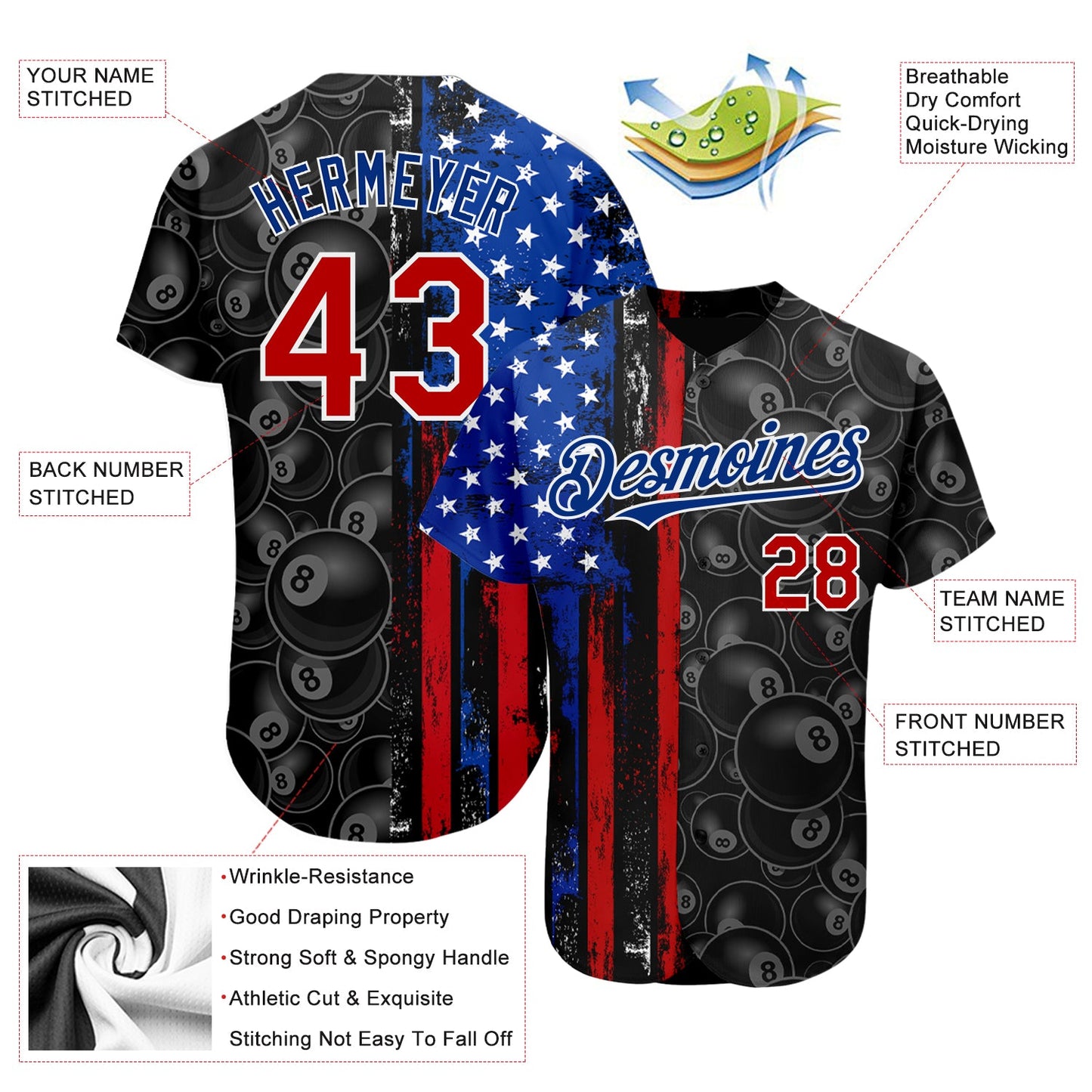 Custom Black Red-Royal 3D Pattern Design Billiards Snooker 8 Ball American Flag Authentic Baseball Jersey - Sky-Custom
