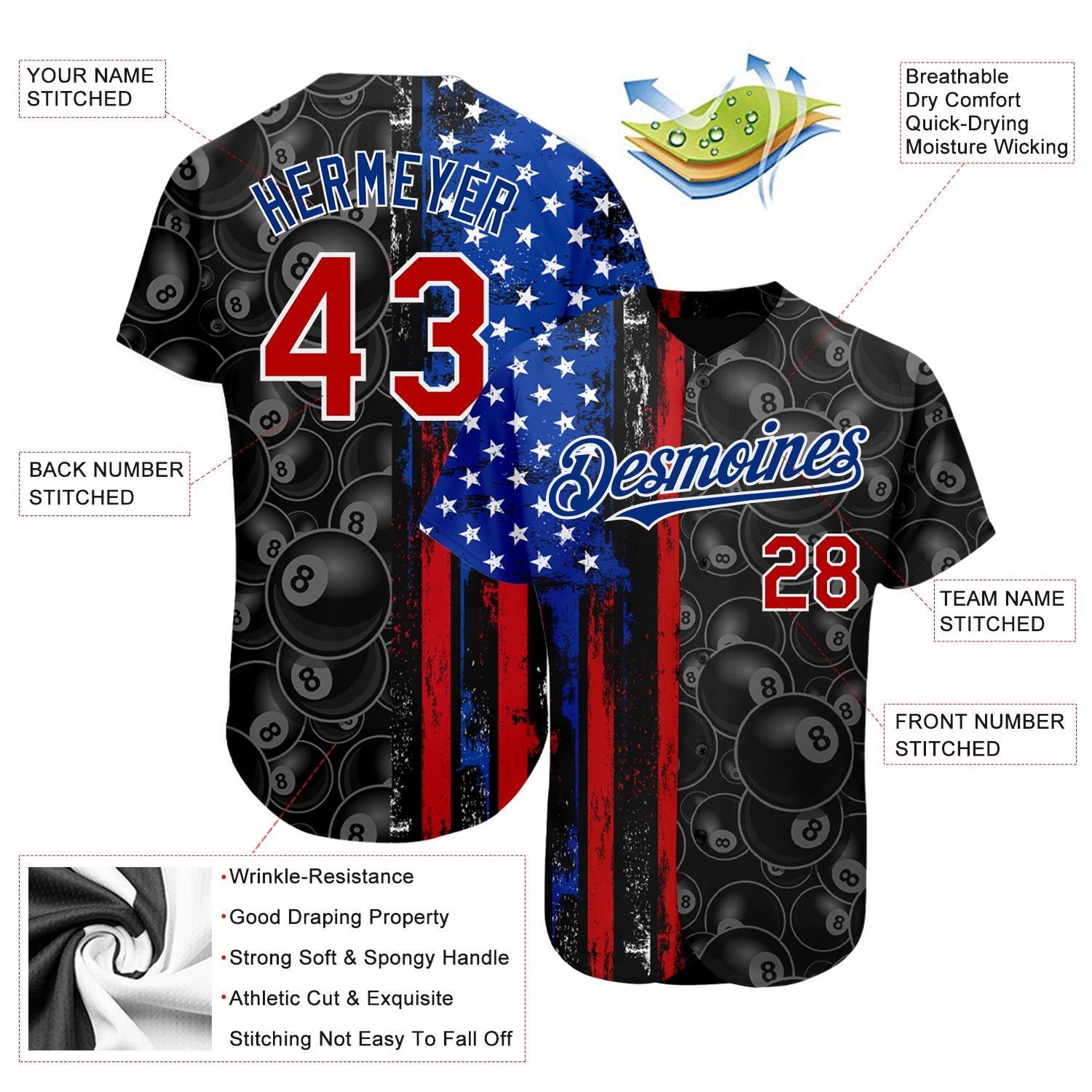 Custom Black Red-Royal 3D Pattern Design Billiards Snooker 8 Ball American Flag Authentic Baseball Jersey - Sky-Custom