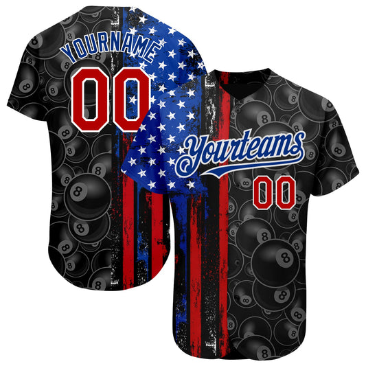 Custom Black Red-Royal 3D Pattern Design Billiards Snooker 8 Ball American Flag Authentic Baseball Jersey - Sky-Custom