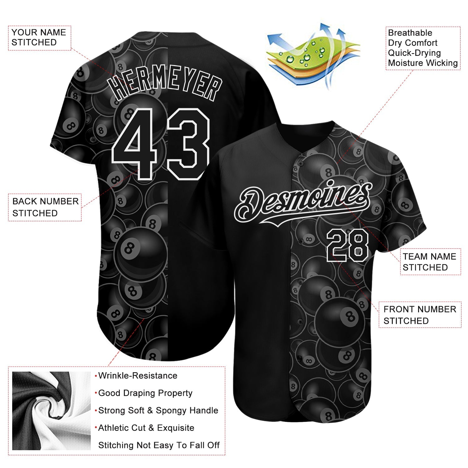 Custom Black White 3D Pattern Design Billiards Snooker 8 Ball Authentic Baseball Jersey - Sky-Custom