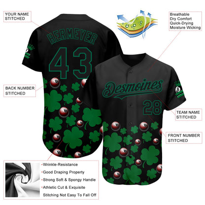 Custom Black Green 3D Pattern Design Clovers And Billiards Balls St. Patrick's Day Authentic Baseball Jersey - Sky-Custom
